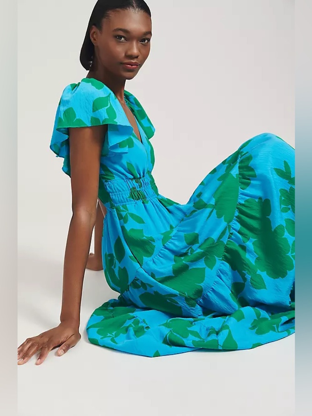 ANTHROPOLOGIE SILVER LAKE FLUTTER  SLEEVE DRESS BLUE GREEN SZ XS